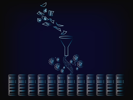 document data going into servers though a funnel and gearwheels, concept of big data processing and storage (vector illustration on mesh background)のイラスト素材