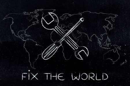 fix the world: funny illustration with wrench and screwdriver with world map overlay, concept of improving the society with live in and work for progressの写真素材