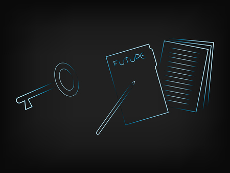key next to folder of documents labelled Future, concept of planning and working for success or seizing opportunitiesのイラスト素材