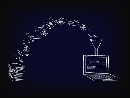 concept of optical character recognition software, pile of paper documents being turned into digital data (laptop with progress bar) vector illustration on mesh backgroundのイラスト素材