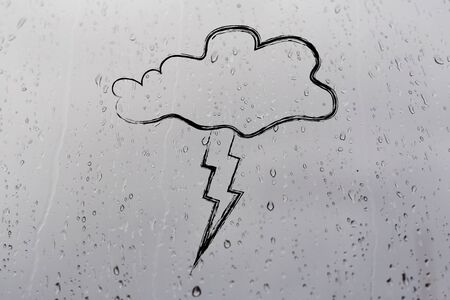 cloud and lightning bolt, minimalistic storm illustration on raindrops backgroundの写真素材