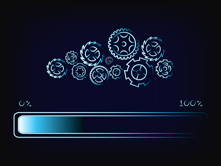 complex gearwheels mechanism with progress bar loading (vector illustration with neon effect on mesh background)のイラスト素材