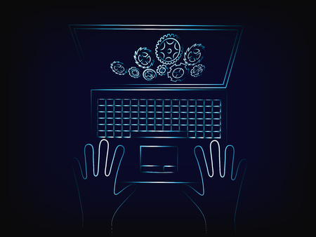laptop with complex gearwheel mechanism on the screen, concept of customizing settings or data processing (vector illustration with neon effect on mesh background)のイラスト素材
