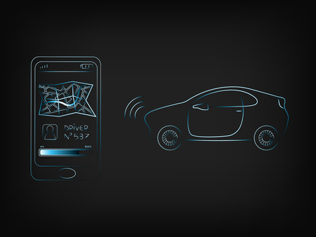 Smartphone with driver and map next to taxi car, concept of chaffeur apps (vector on mesh background)のイラスト素材