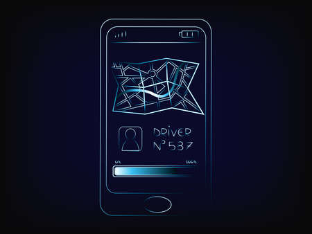 smartphone with driver and map icon on the screen, concept of taxi and chaffeur apps (vector on mesh...