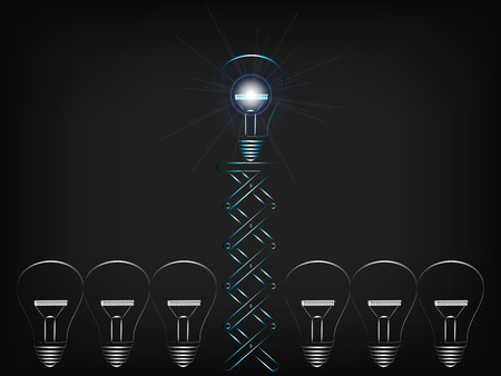 unique brilliant idea (lightbulb) being lifted up by a spring mechanism among other dimmed ones, concept of supporting your ideas and bringing them to successのイラスト素材