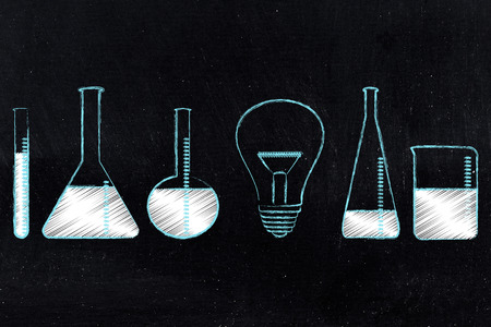 shining lightbulb in a group of lab bottles, concept of laboratory of ideas