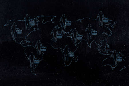 world map with customers and full shopping carts worldwide, concept of global marketing