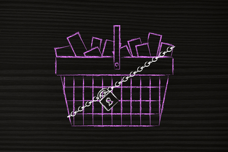 shopping basket with lock and chain, concept of spending limitsor locked price itemsの写真素材