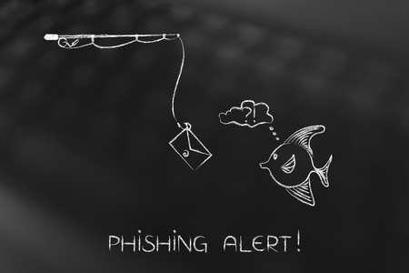 fishing rod with email bait approaching doubtful fish, concept of phishing and malware attacks to trick users into giving away their login information or private dataの写真素材