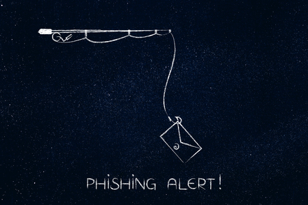 fishing rod with email instead of bait and alert text, concept of phishing and malware attacks to trick users into giving away their login information or private dataの写真素材