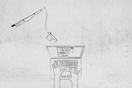 fishing rod with email instead of bait approaching laptop user, concept of phishing and malware attacks to trick into giving away their login information or private dataの写真素材