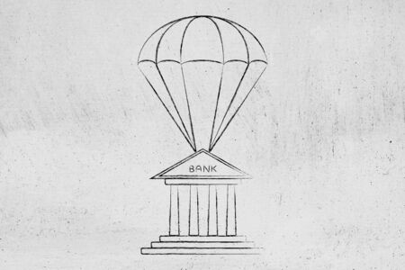 bank building on a parachute, concept of protecting your moneyの写真素材