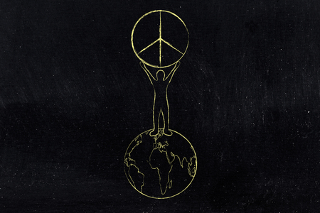 man lifting peace sign up above planet earth, concept of efforts for a peaceful futureの写真素材