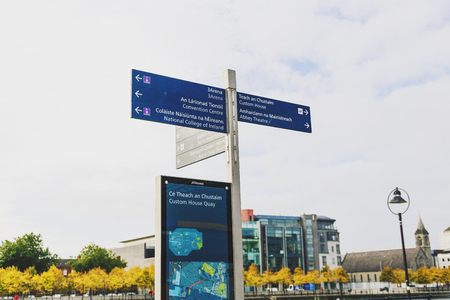 DUBLIN, IRELAND - Septembter 27th, 2016: Street sign detail in Dublin One alongside the River Liffey...