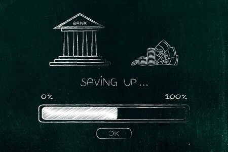 bank building next to cash with progress bar loading, concept of saving up in progress