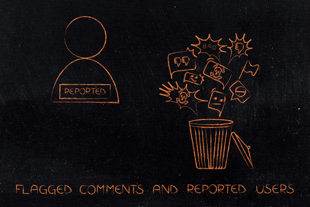 flagged comments on social media: bin with negative content getting deleted next to reported userの写真素材