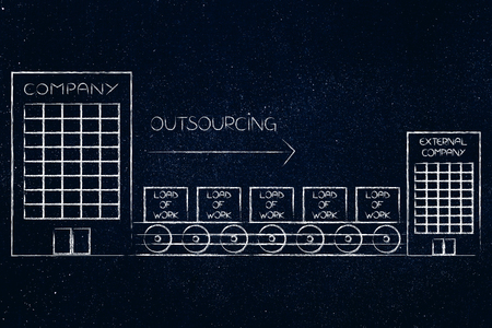 outsourcing loads of work concept: company sending tasks to external one through factory production lineの写真素材