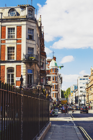 LONDON, UNITED KINGDOM - August 6th, 2016: Detail of beautiful buildings architecture in the streets of London city centre near Duke Street and Oxford Streetのeditorial素材