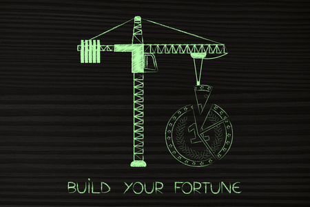 build your fortune with good budgeting concept: tower crane completing the missing piece of a coin split in partsの写真素材