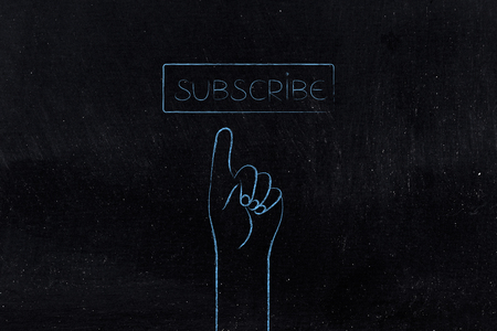 hand pointing at website Subscribe button, concept of online ranking and followersの写真素材