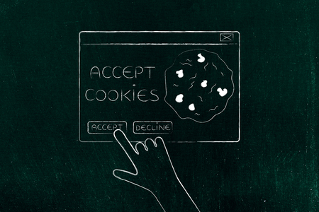 cookie policy concept: hand about to click on Accept Cookie pop-up messageの写真素材