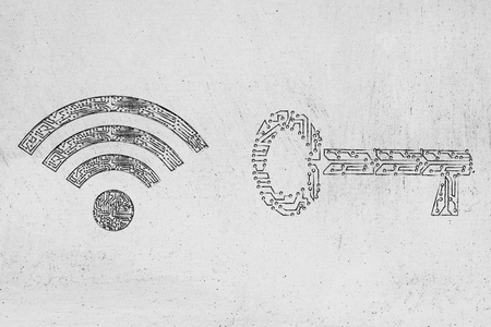 security and connectivity: electronic microchip password key and wi-fi symbol next to each otherの写真素材