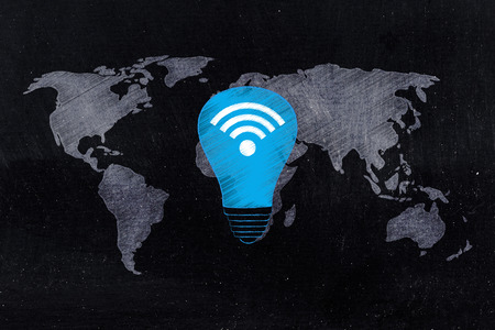 global innovation and connectivity concept: wi-fi lightbulb  over world mapの写真素材
