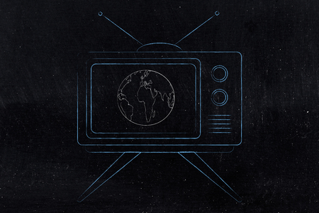 global communication and mass media concept: television with world on the screenの写真素材