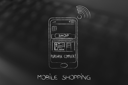 mobile shopping concept: smartphone with entire shop inside the screenの写真素材
