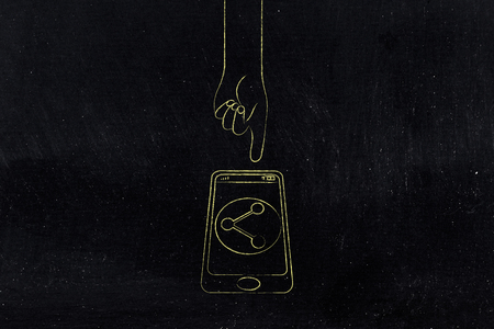 social media concept: hand about to tap Share button on a smartphoneの写真素材