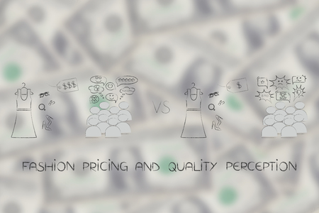 pricing and perceived quality concept: people loving an expensive outfit and disliking a cheap identical oneの写真素材