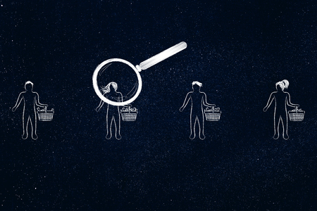 market segmentation concept: magnifying glass analysing the customer with more products in her shopping basket among a group of clientsの写真素材