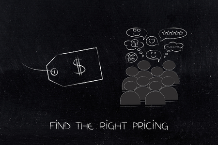 find the right pricing concept: price tag next to group of customers with positive reactions の写真素材
