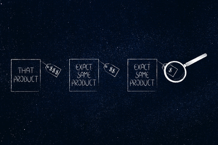product comparison concept: magnifying glass analysing identical items with different price tagsの写真素材