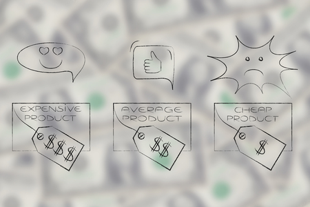 customer feedback concept: items with different price tags with love for the luxury one, positive reaction for the average one and negativity for the cheap optionの写真素材