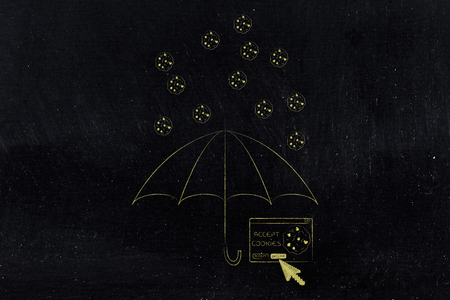 declining unwanted internet content concept: umbrella protecting pop-up window from falling cookiesの写真素材