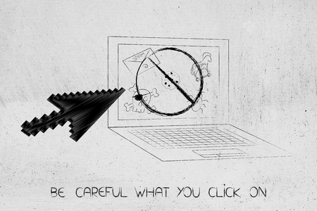 be careful what you click on: laptop with stopped cyber threats on screen and oversize mouse pointerの写真素材