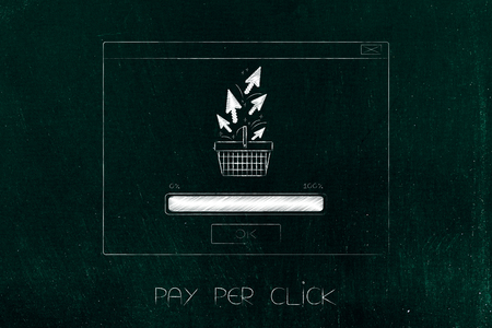 pay per click concept: shopping basket with mouse pointer arrows inside pop-up window loadingの写真素材