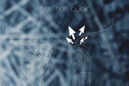 pay per click concept: hand clicking on computer mouse next to price tagの写真素材