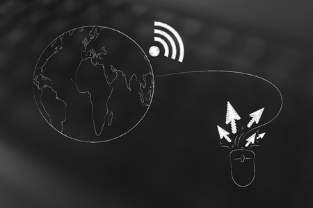 global connectivity concept: planet earth with wi-fi symbol attached to computer mouse clicking aroundの写真素材
