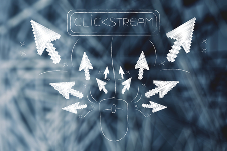 user clickpath analysis concept: pointers spreading out of a computer mouse with Clickstream button on topの写真素材