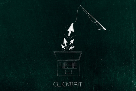 clickbait and user clickstream analysis concept: fishing rod catching mouse pointer coming out of a laptopの写真素材