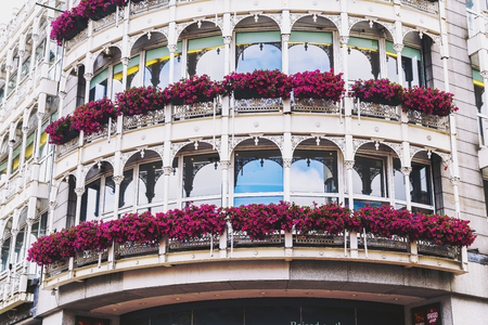 DUBLIN, IRELAND - July 15th , 2017: detail of the Stephen's Green Shopping Centre in Dublin city centre with pink flowersのeditorial素材