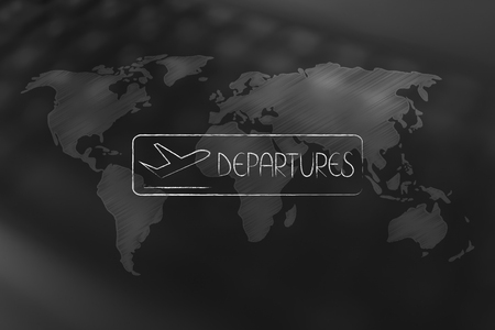book your next trip: airport style departures sign over world map overlay and unfocused keyboard backgroundの写真素材