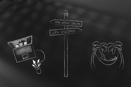 time spent online vs life enjoyed: road sign with laptop and man relaxing on hammocの写真素材