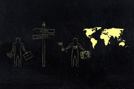 work or holiday: man with business objects and traveler next to world map representing alternative lifestyle choicesの写真素材
