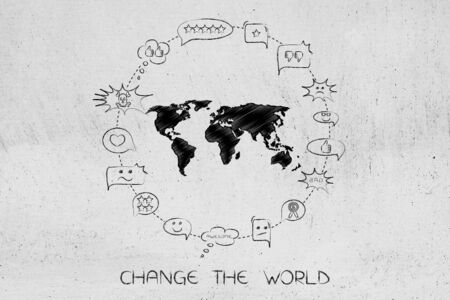 change the word and bring progress concept: world map surrounded by mixed opinions and comments, with captionの写真素材
