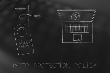 data protection policy concept: hotel-style door hanger with text Privacy Please (@ symbol made of locks) next to laptop with email icon on the screenの写真素材