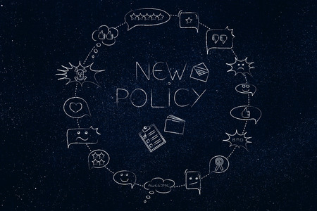 new company policy concept: text with business objects surrounded by comic bubbles with feedback (positive and negative reactions)の写真素材